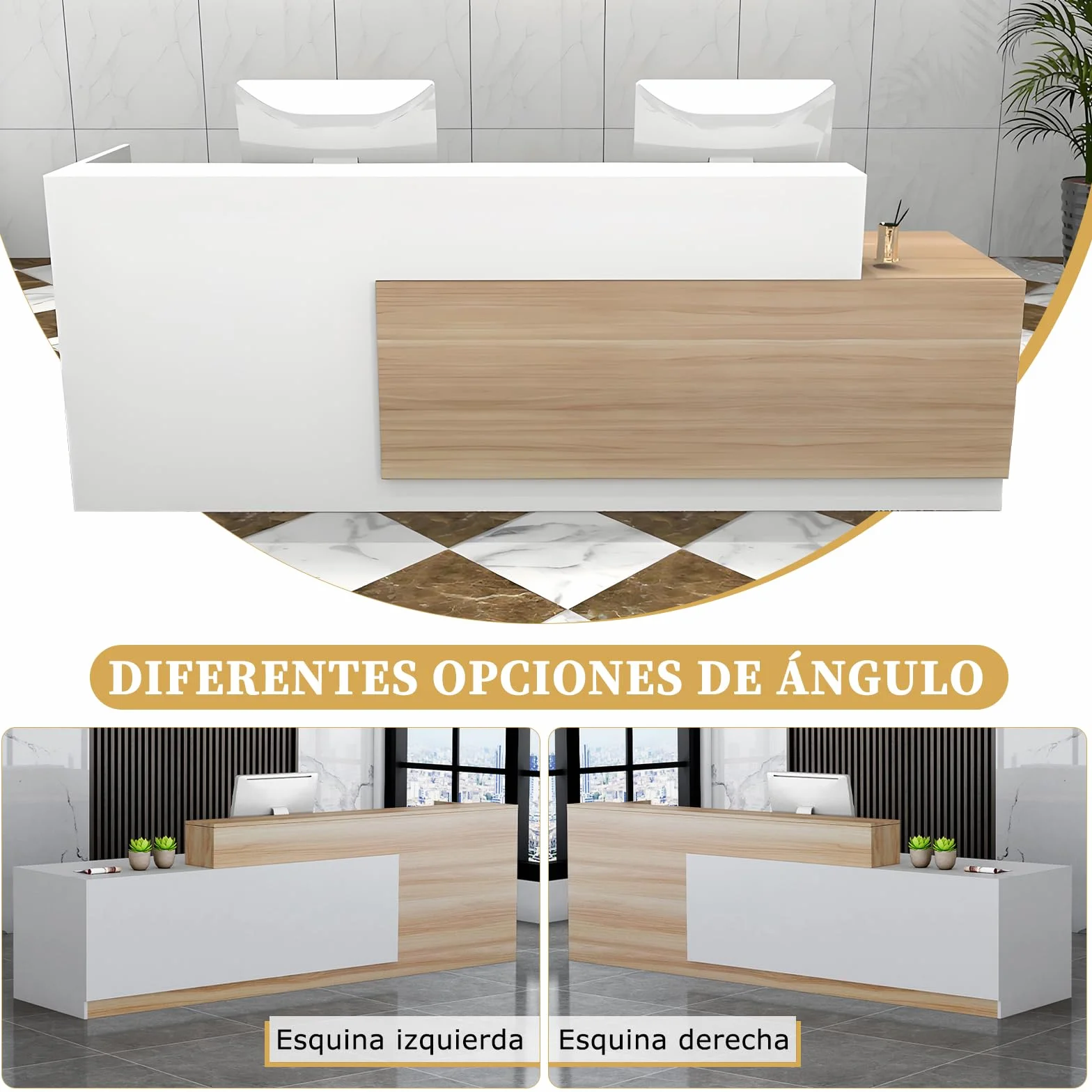 Mostrador Recepción Grande de 100 a 180 cm, con Cajón y Estantes Abiertos Mostradores Recepcion, Mueble para Oficina, Salón, Tienda o Vestíbulo Blanco+Gris/Derecha 180x100x60cm