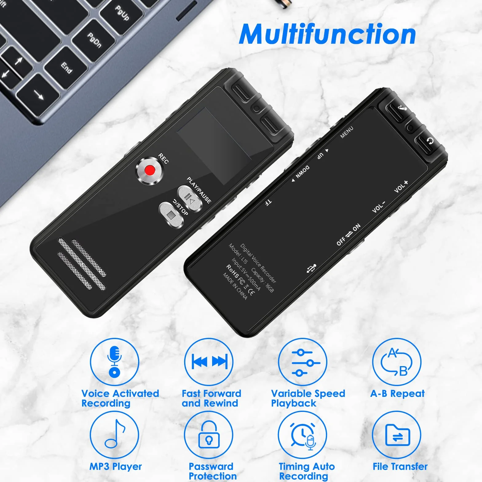 Grabadora de Voz Activada 16GB Portátil con Reproductor MP3 y Contraseña
