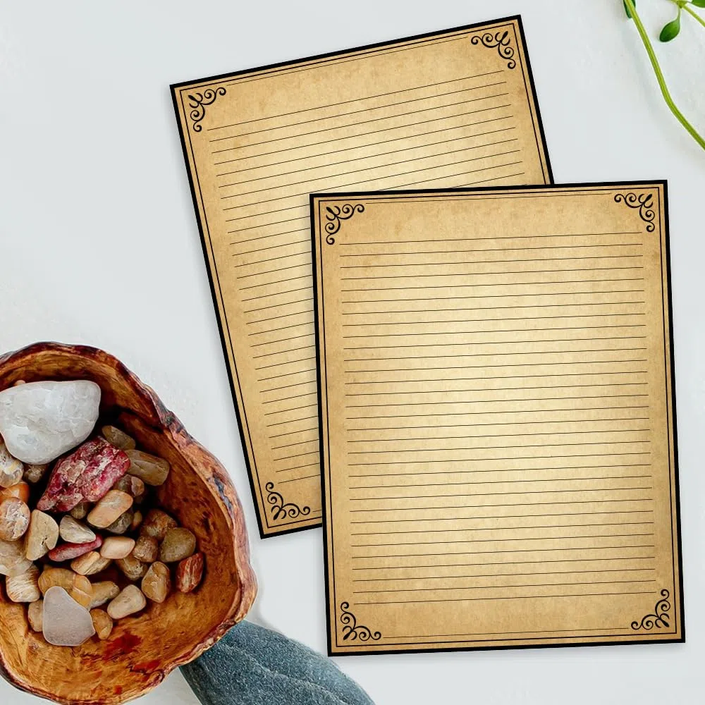 Papel rayado vintage con diseño de borde antiguo, 200 hojas, papel estacionario para escribir cartas, 100 g/m², 11 x 8.5 pulgadas, papelería envejecida para escribir cartas, invitaciones, papeles de