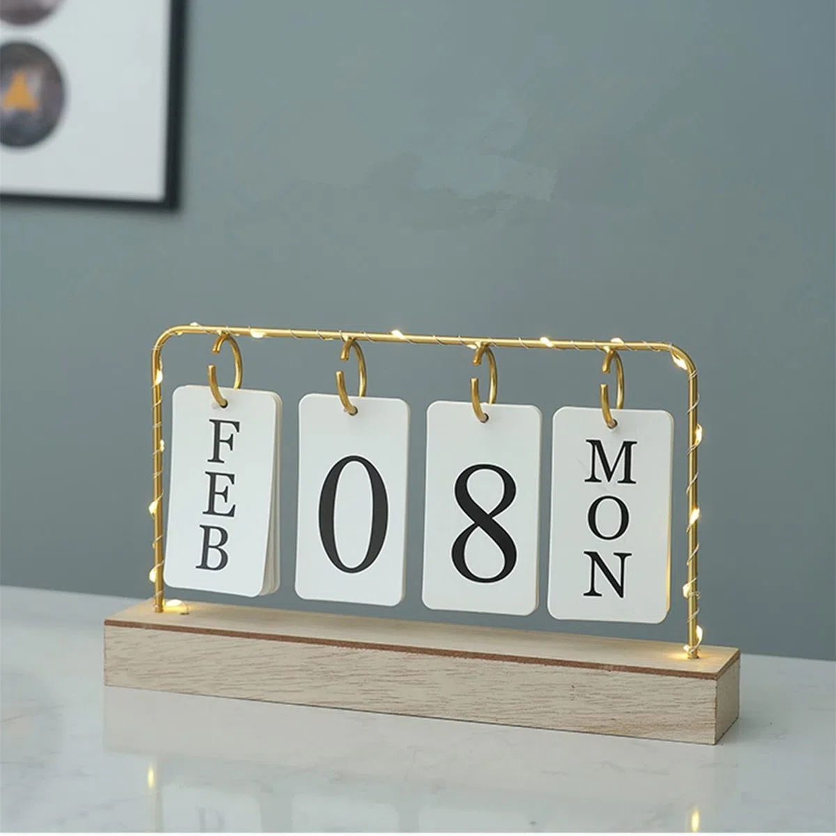 AUSTUFF Calendario perpetuo de madera abatible 2023, calendario de escritorio de metal para decoración diaria de oficina, hogar, planificador mensual semanal de año, calendario de decoración de