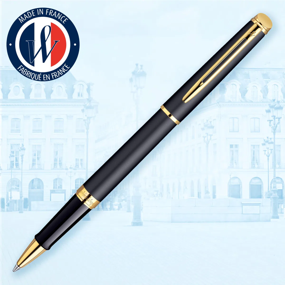 Waterman Hémisphère rotulador roller | color negro mate con adorno de oro de 23 quilates | punta fina con cartucho de tinta negra | estuche de regalo