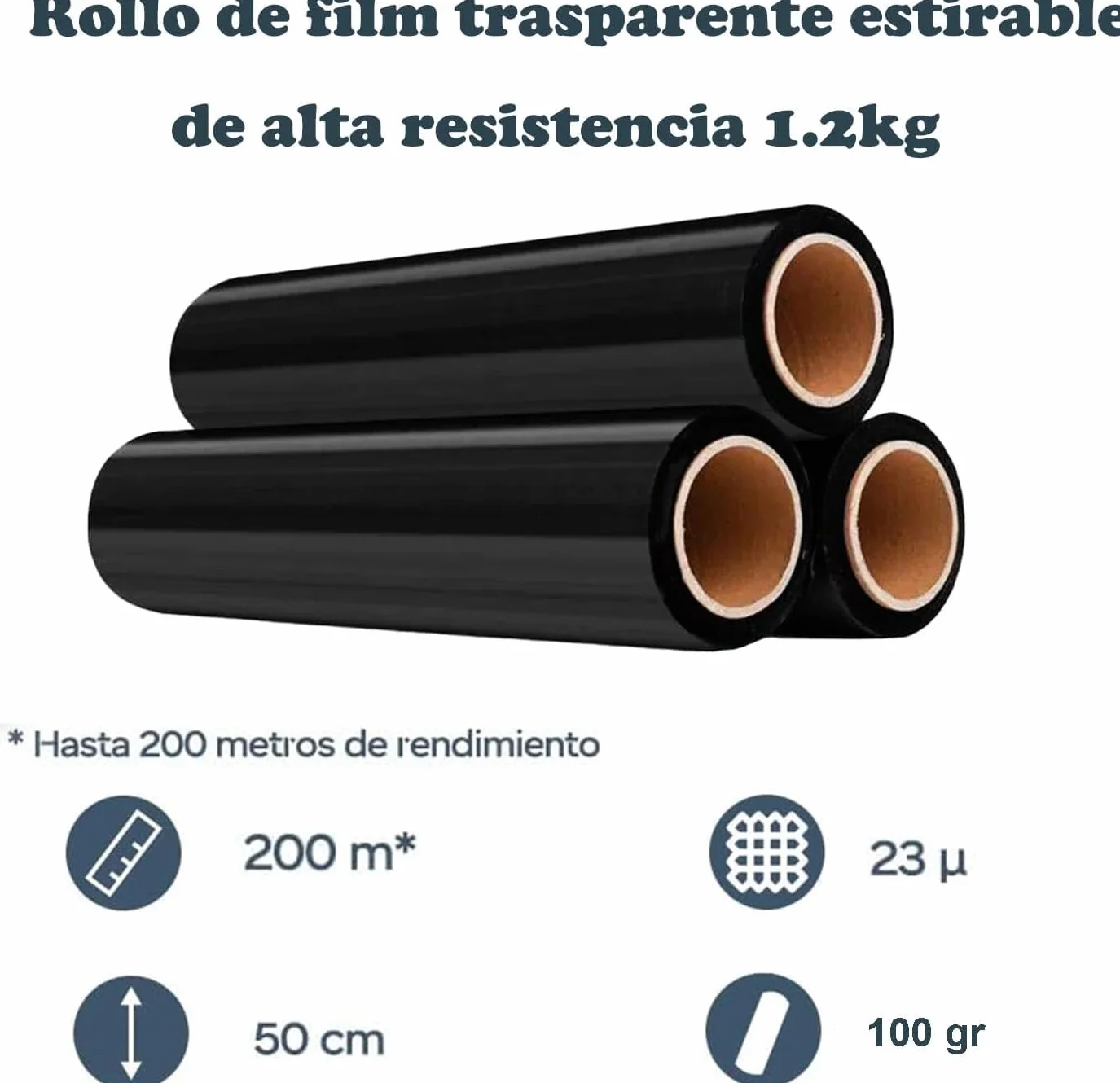MORE FREE Film Transparente o Negro para Embalar 50CM x 200M,23 Micras Rollo de Papel Film Resistente de Plástico con Alta Elasticidad para Mudanzas y Envíos (Film Negro Embalaje, 12 ROLLOS)