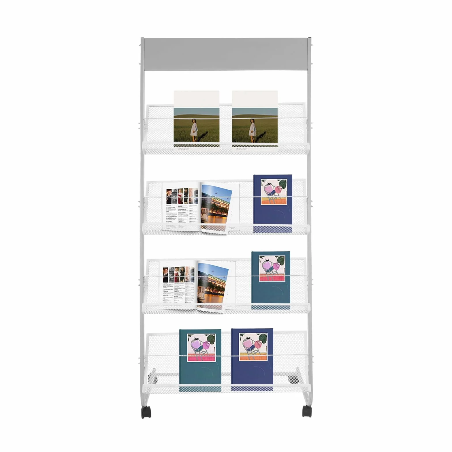 Expositor de Revistas de Pie con Ruedas, Soporte para Revistas Suelo Expositor de Pie para Folletos, 63*36*148 Cm, para Estudios, Bibliotecas, Atracciones Turísticas, Centros Comerciales (Plateado)