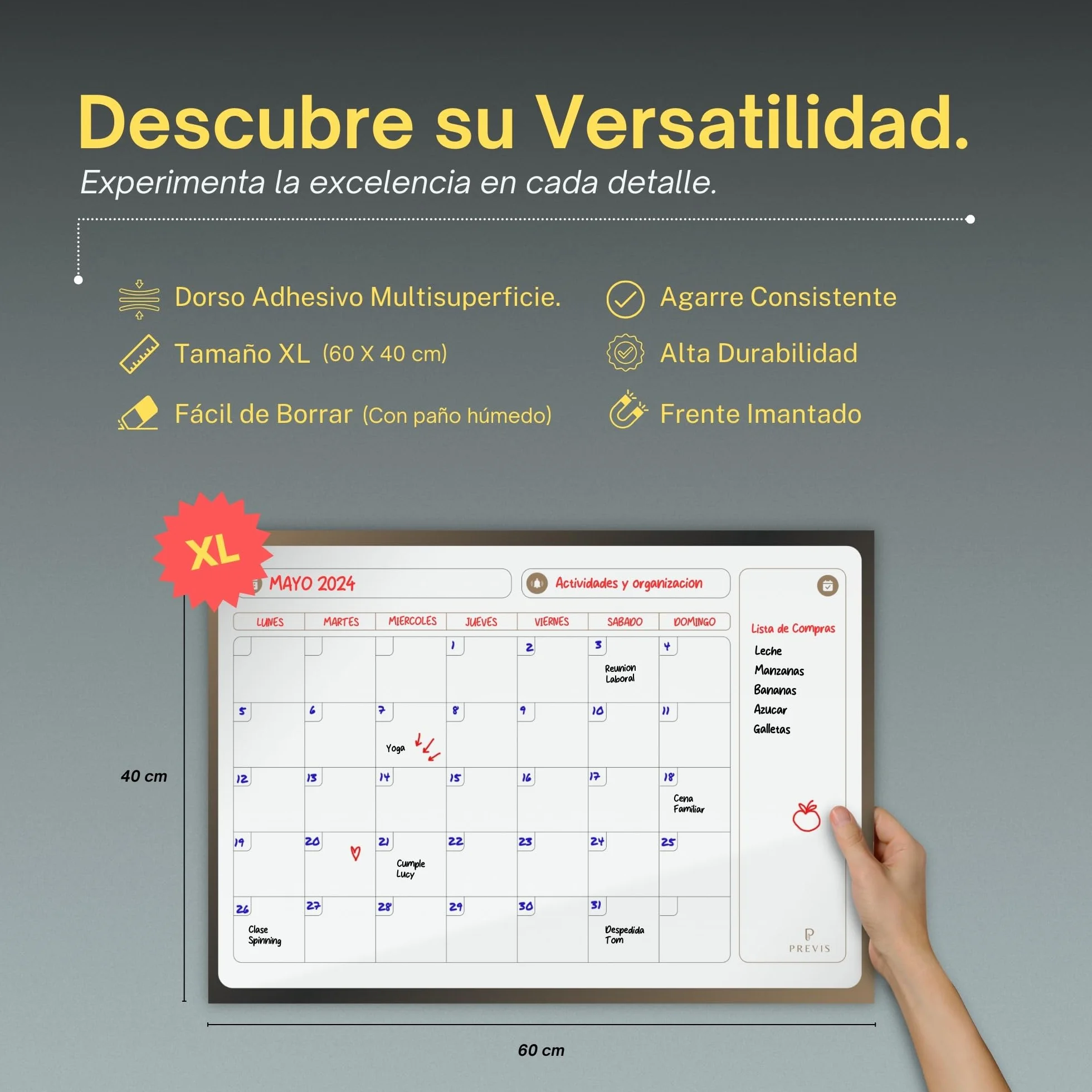 PREVIS Pizarra Calendario Pared Adhesivo A2 60x40cm Planificador Mensual con Rotuladores 2026