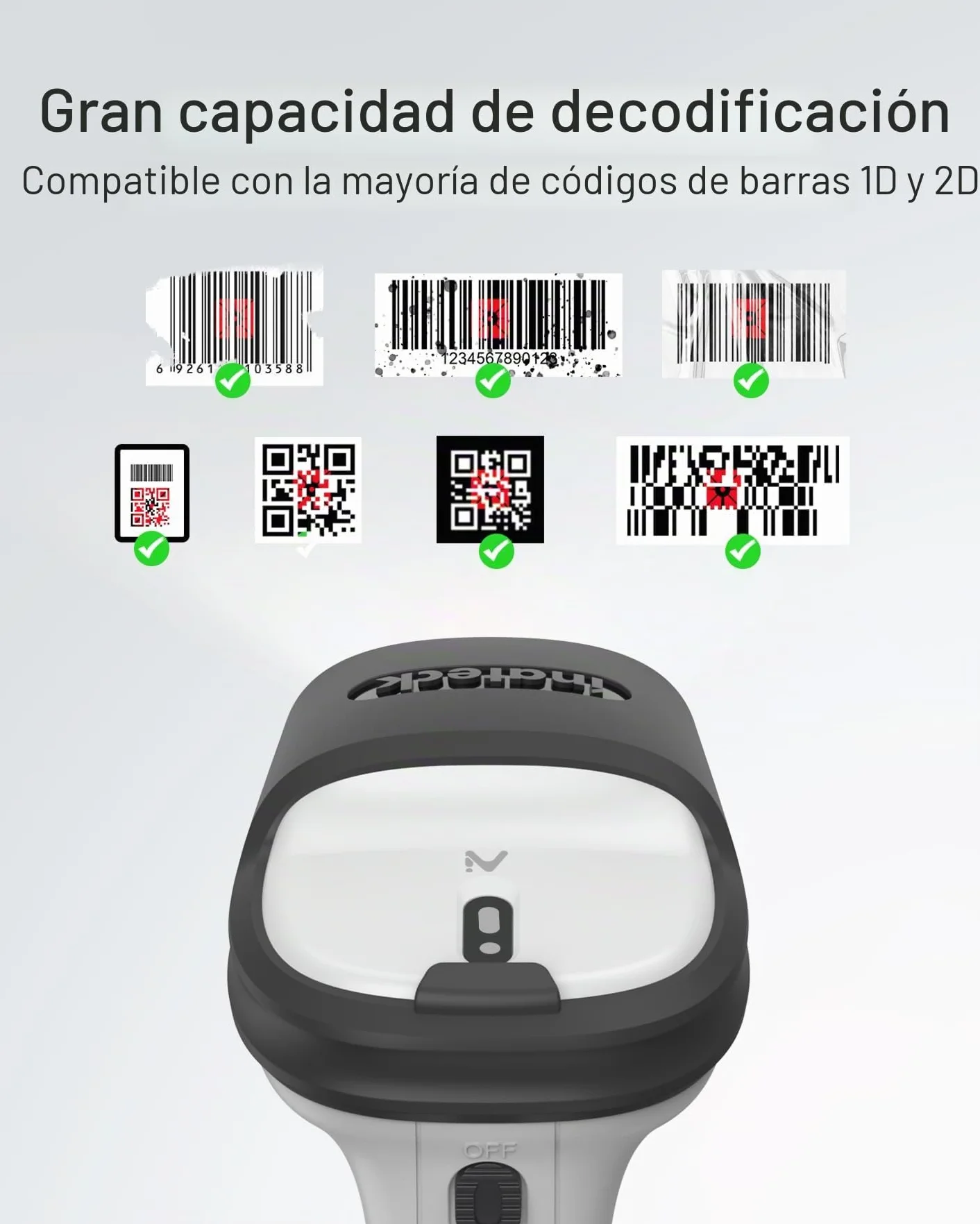 Inateck Escáner de Código de Barras 2D Bluetooth, Lector de Código de Barras Inalámbrico USB 1D 2D Portátil, 1 Carga 3 Meses, Lector Código Barras con AI, App y SDK, Escaneo Rápido y Preciso, BCST-72