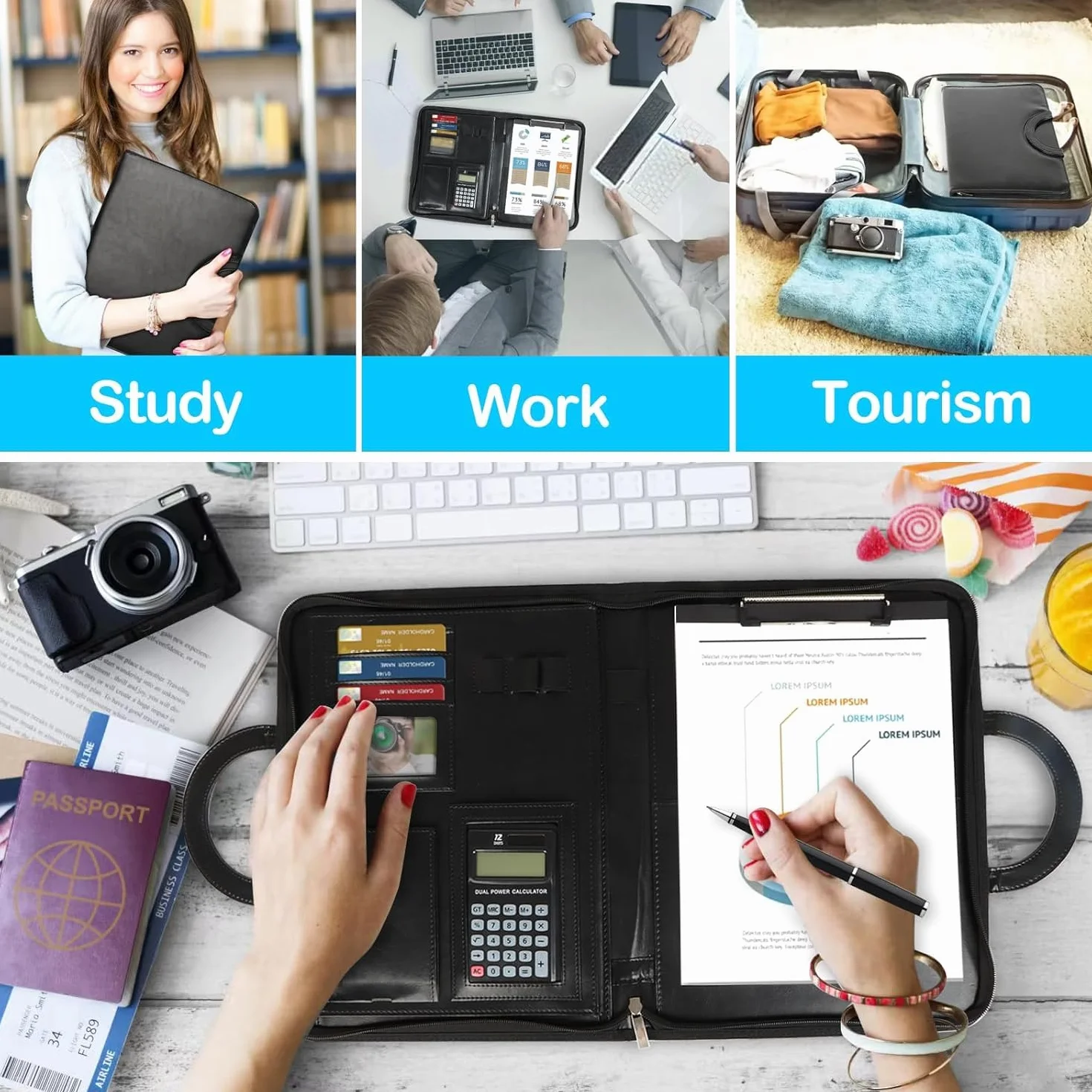 Cinnani Porta Documentos Grande con Calculadora, Portadocumentos A4 Carpeta Profesional, Asas Magnéticas Plegables, Portafolio Carteras de Viaje Cuero para Tarjetas/Plumas/Tableta y Smartphone, Negro