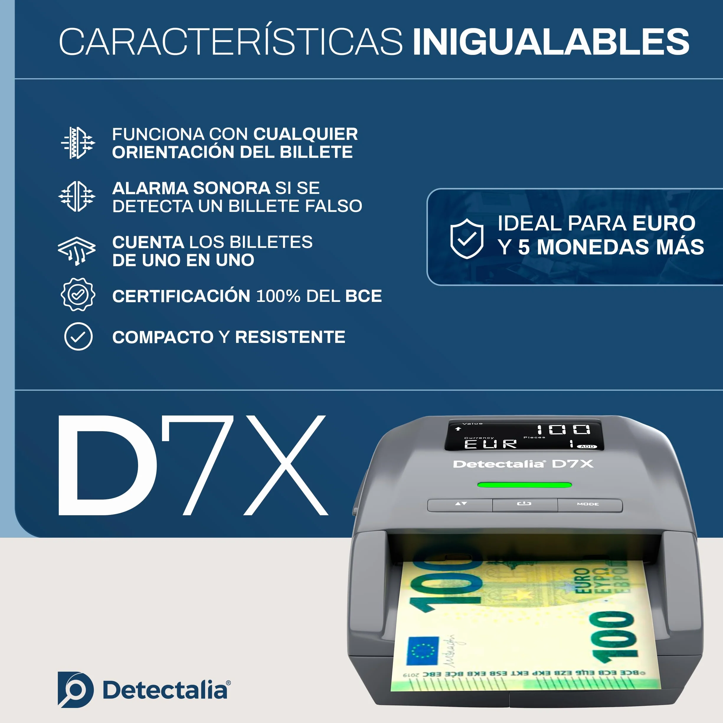 Detectalia D7X - Detector de billetes falsos con 7 sistemas de detección y 100% fiabilidad para 6 divisas EUR, GBP, CHF, PLN, CZK y SEK - 14 x 12 x 6 cm