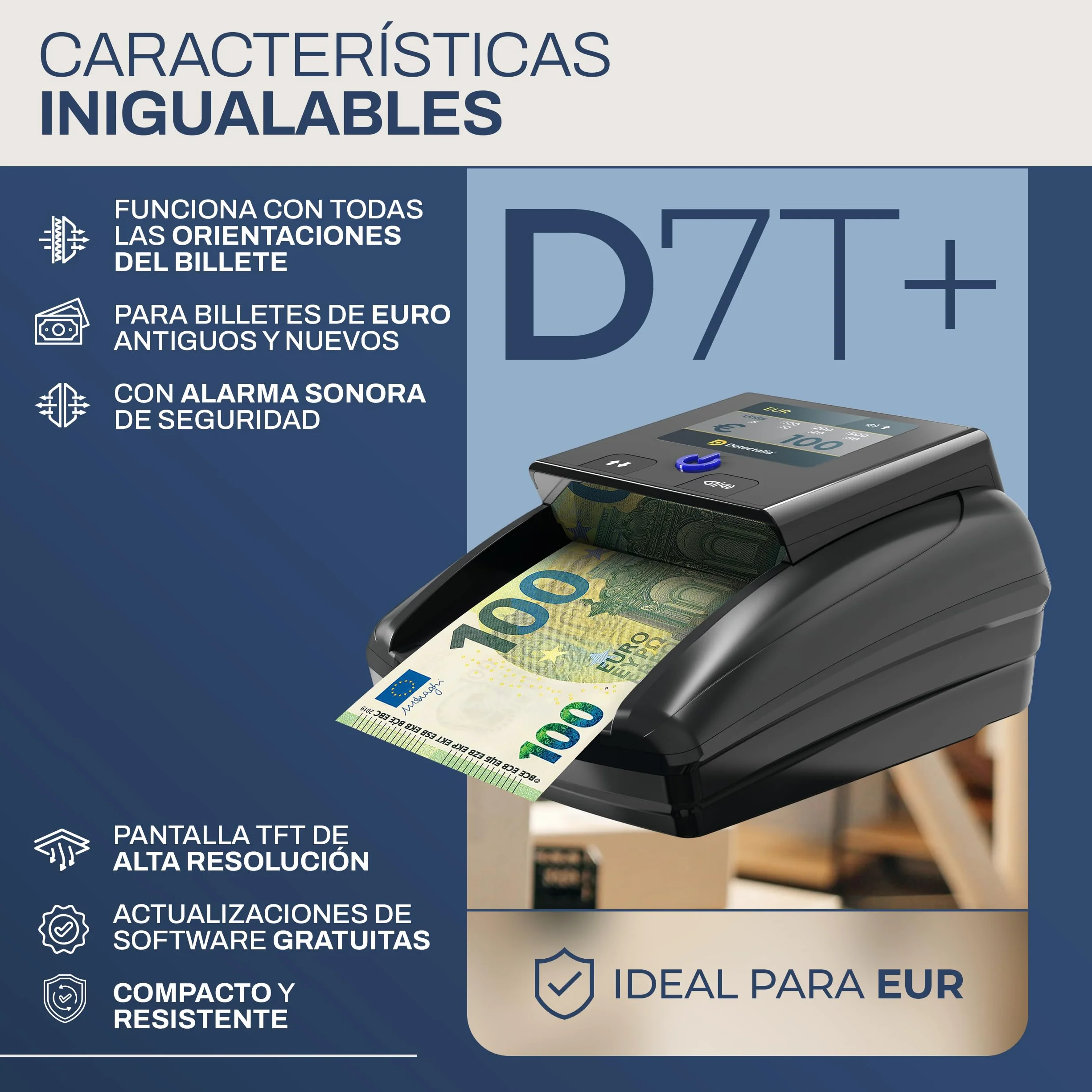 Detectalia D7T+ Detector de Billetes Falsos 5 Sistemas 3 Divisas EUR GBP USD Pantalla TFT