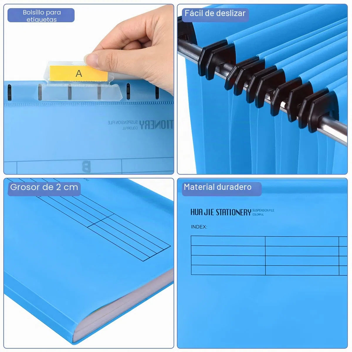 Archivos colgantes A4, 25 carpetas colgantes de polipropileno con pestañas, insertos de tarjetas y bolígrafo borrable, trabajo, oficina (5 colores)