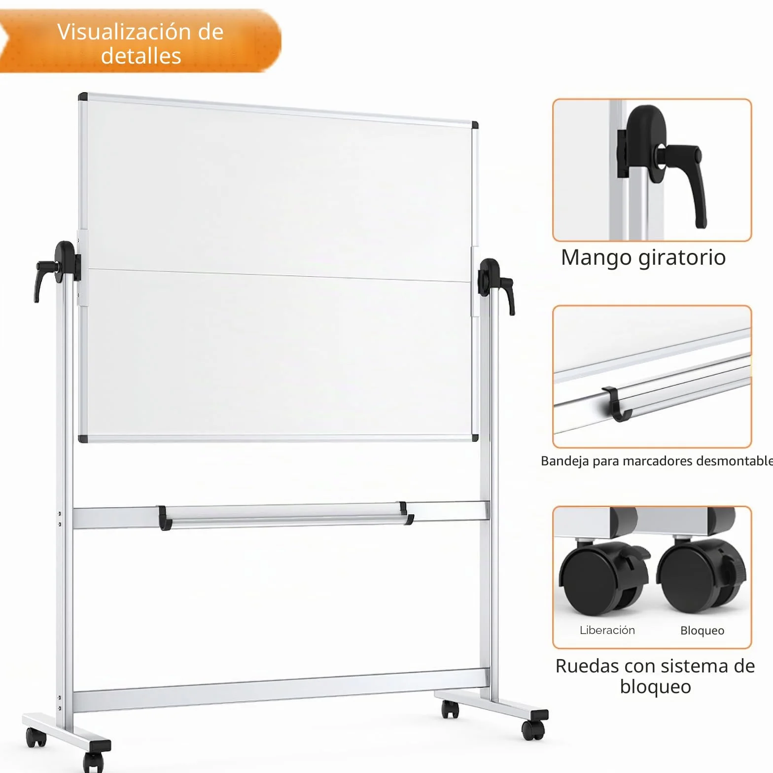 VIZ-PRO Pizarra blanca móvil magnética de doble cara 120x90 cm con ruedas marco de aluminio