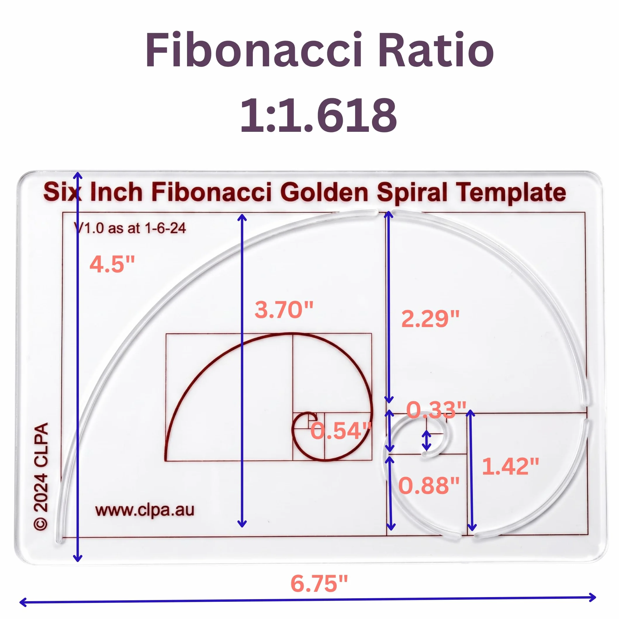 Plantilla de espiral de Fibonacci CLPA de 6" — Herramienta de proporción áurea para dibujo, arte y acolchado | PETG transparente