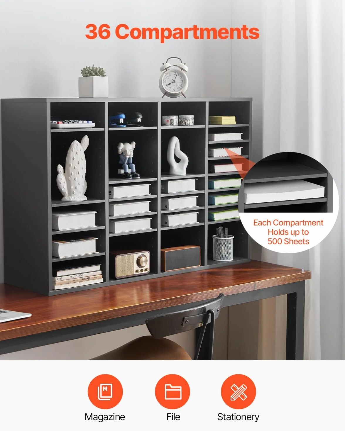 VEVOR Organizador de Literatura 997x305x680 mm 36 Compartimentos Estantes Ajustables Gris