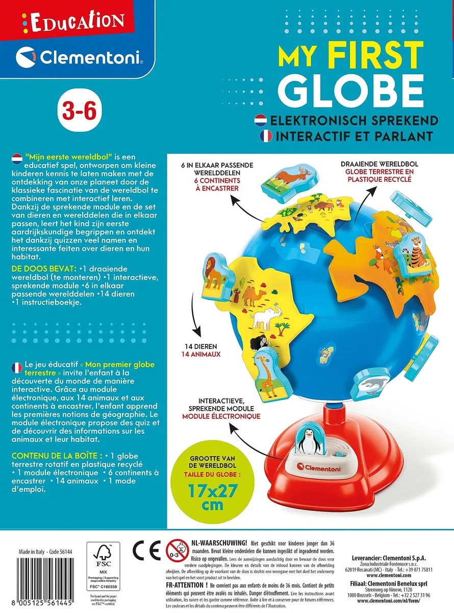 Clementoni - 56144 - Educación - Mi Primer Globo Mundial - Globo Interactivo Para Niños 3 Años, Lengua Francesa, Lengua Holandesa, Globo Educativo, Geografía del Aprendizaje, Hecho En Italia