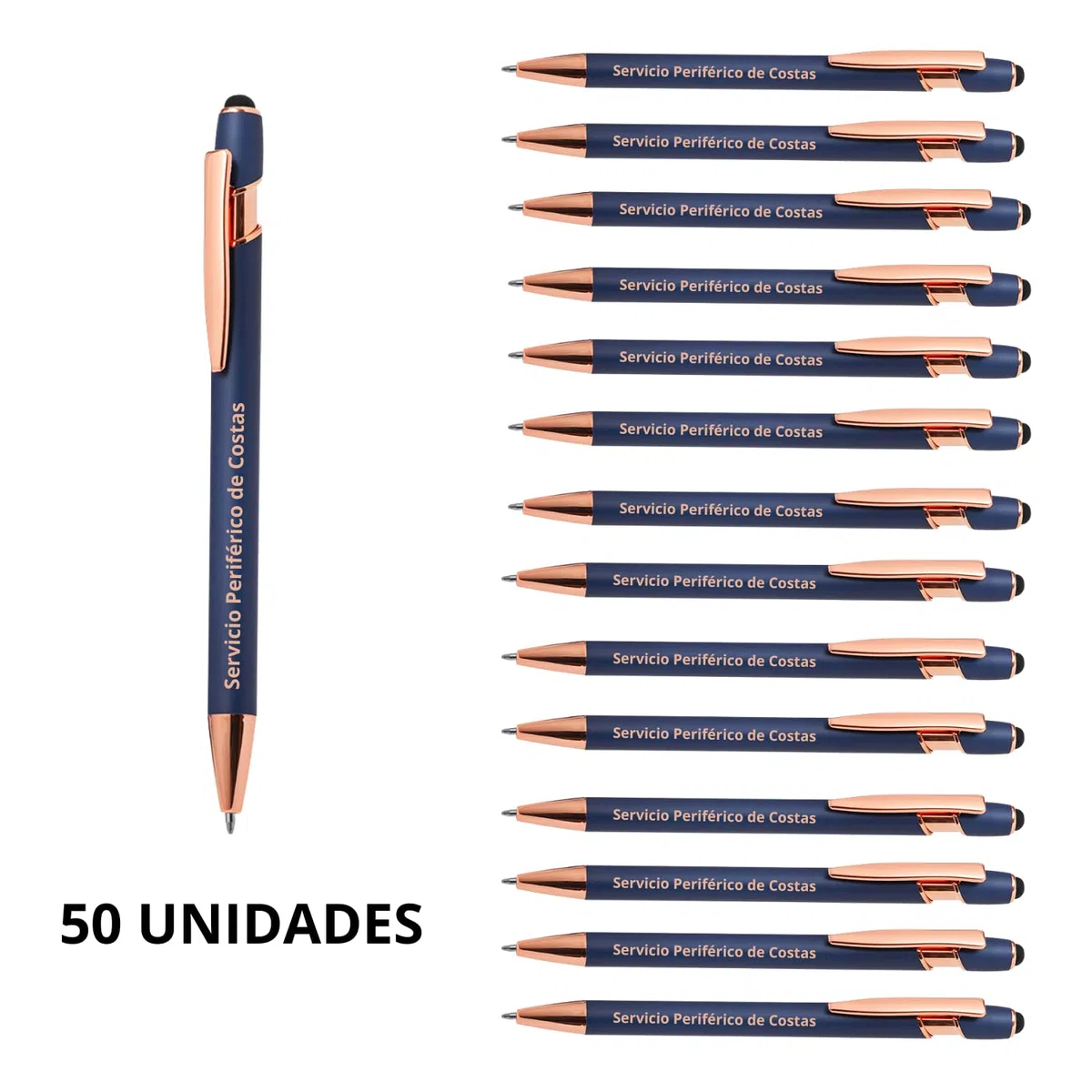PROMO SHOP Pack 50 bolígrafos Personalizados con tu nombre o texto | Lorix Azul | Puntero para dispositivos móviles | Grabado a láser | Lote bolígrafos publicitarios, bodas, comuniones, merchandising