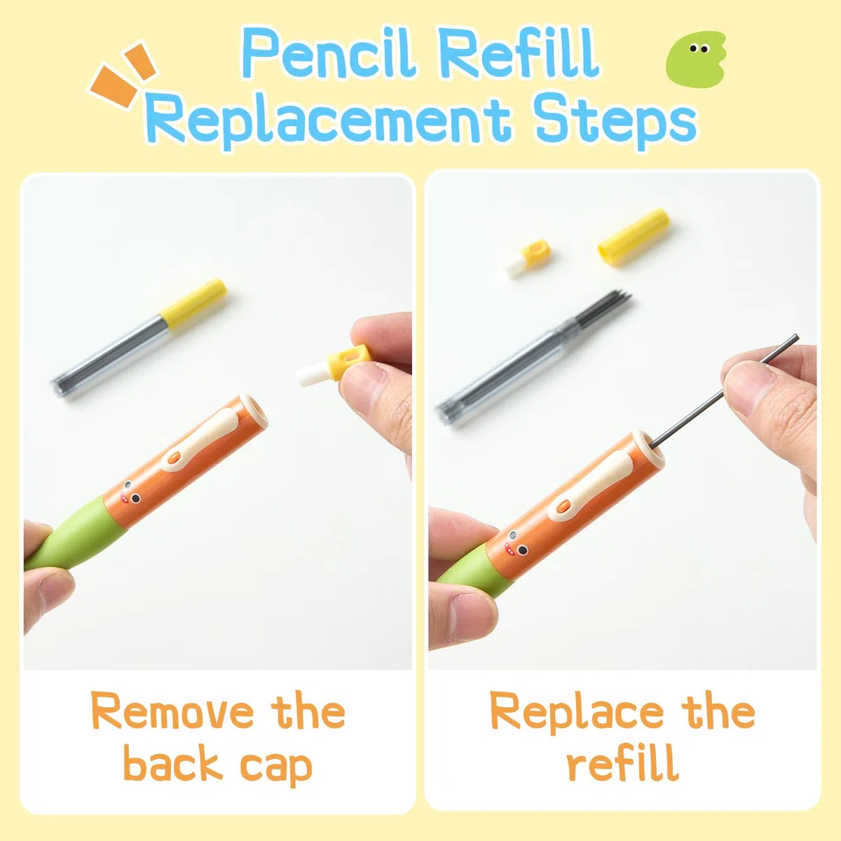 Portaminas grueso para niños, lápiz de escritura a mano Smile con agarre antideslizante y mina HB de 2.0 mm, resistente a la rotura, paquete de 8 incluye 96 recambios #2, sacapuntas y borrador