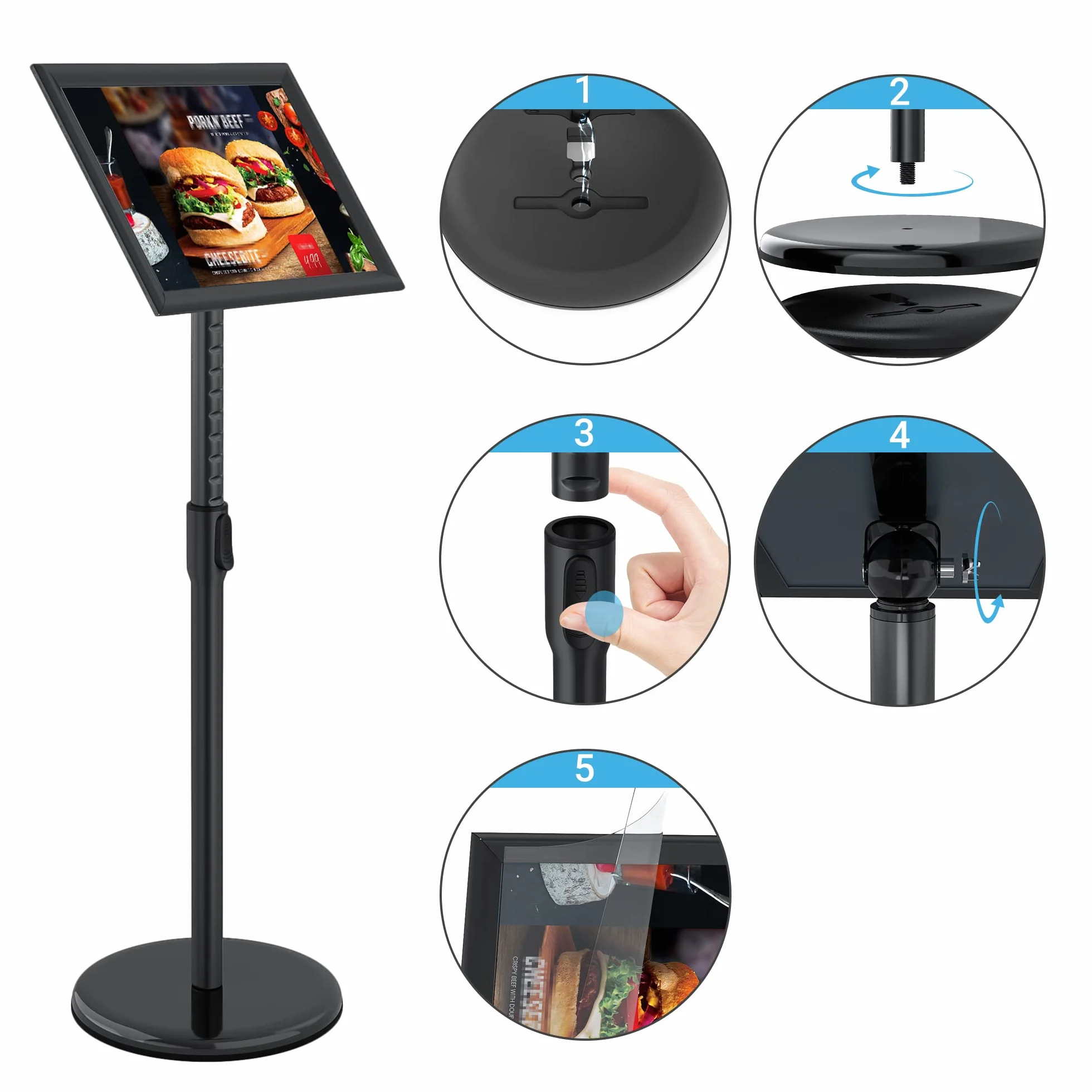 Soporte para información DIN A3, 420 x 297 mm, altura ajustable, acero inoxidable, soporte para clientes, soporte para anuncios (negro, A3)