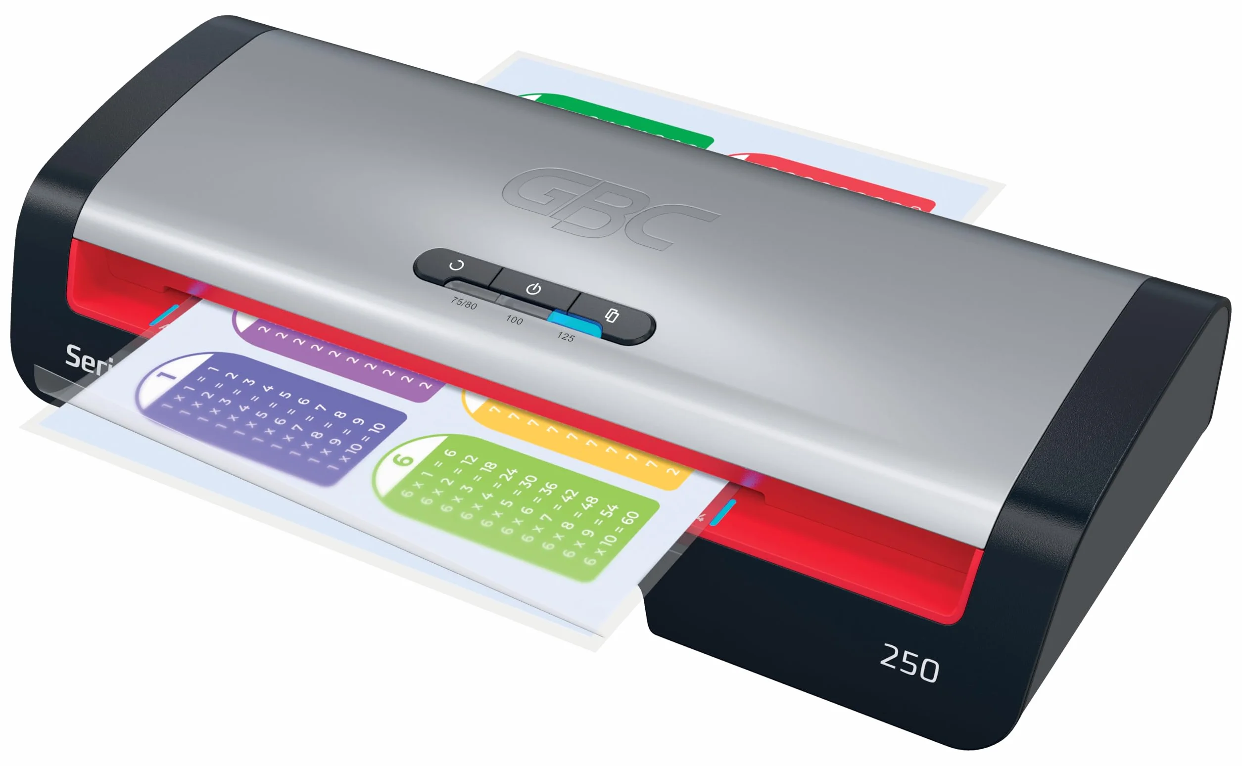 GBC 4410070EU - Plastificadora 250 Office A4, Calentamiento Rápido 1 Minuto, 75-125 Micras, LED de Guía de Entrada, Antiatascos, Apagado Automático, Incluye 5 Fundas de Plastificación A4, Negro/Rojo