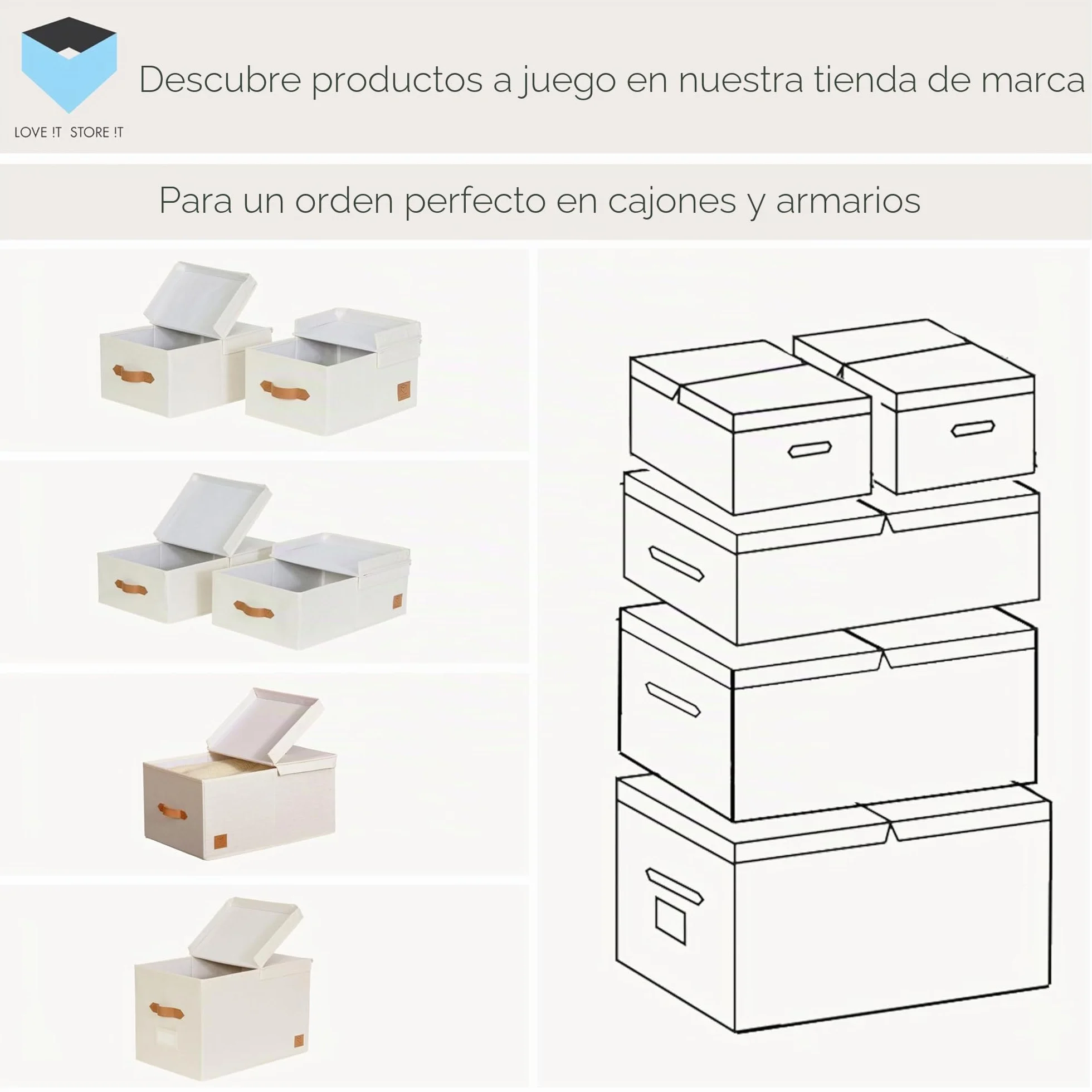 LOVE IT STORE IT Premium - Caja de almacenaje con tapa (2 unidades, de tela de lino, juego de 2 unidades, tamaño mediano, estable, beis, 50 x 33 x 16 cm)