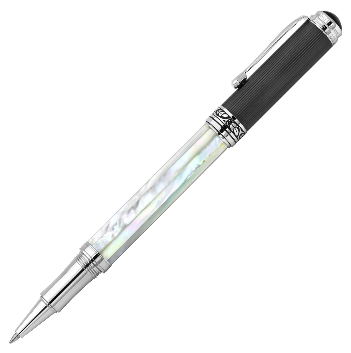 Xezo Bolígrafo roller Maestro hecho a mano, punta fina. Madreperla blanca iridiscente de origen oceánico con carbono similar al diamante PVD. Numerado, cada bolígrafo es único