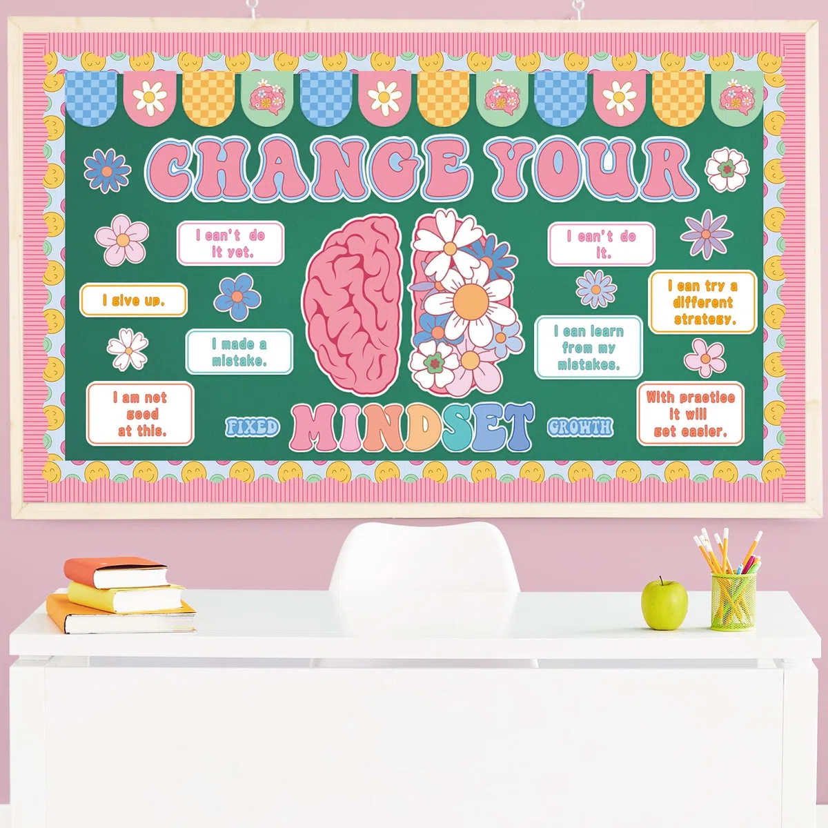 FYSUIMU Bloom with a Growth Mindset - Juego de tablón de anuncios motivacional para cambiar tu mentalidad, póster floral de primavera, decoración de aula para profesores, estudiantes, pared escolar
