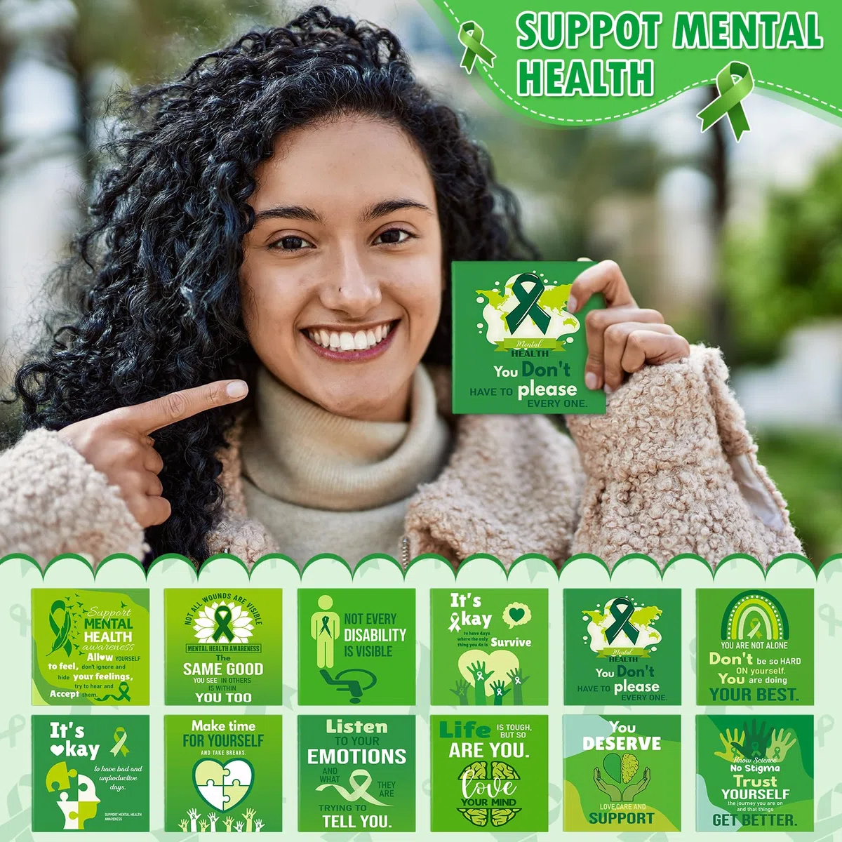 120 blocs de notas de concienciación sobre la salud mental, a granel, cinta de concienciación verde, mini bloc de notas, cuaderno de bolsillo para regalos de fiesta del mes de salud mental (4 x 4