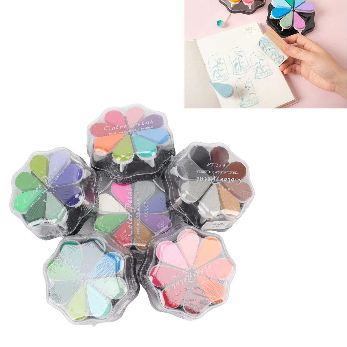 6 almohadillas de tinta lavables, almohadilla de sello de tinta metálica en forma de pétalo, 48 colores vibrantes, kit de sellos de goma para huellas dactilares, cobertura fuerte,