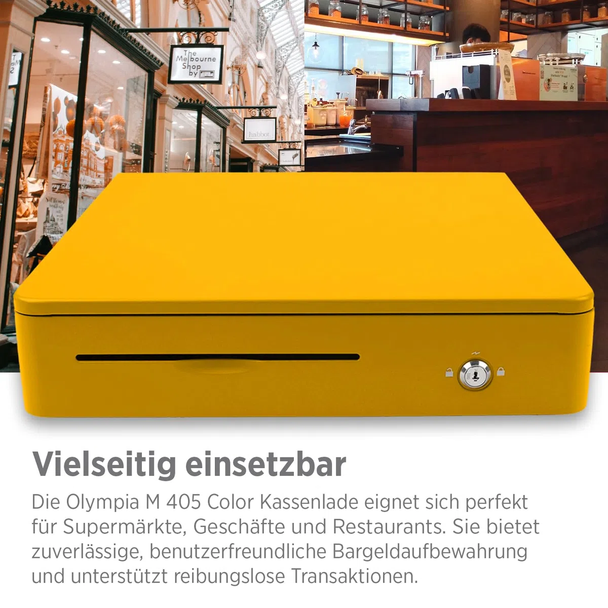 Olympia M 405 amarillo | Cajón para efectivo con 8 compartimentos para monedas y 4 compartimentos para billetes | robusta base de metal | caja registradora con cerradura y conector RJ11/RJ12