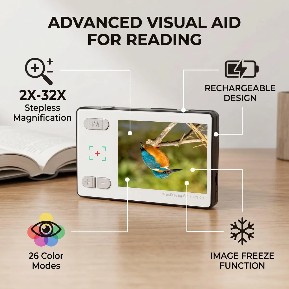 Lupa Digital Ayuda de Lectura Electrónica Zoom 2-32x | Lupa digital portátil Ayuda de lectura electrónica Pantalla LCD de 3,5 pulgadas 26 modos de color