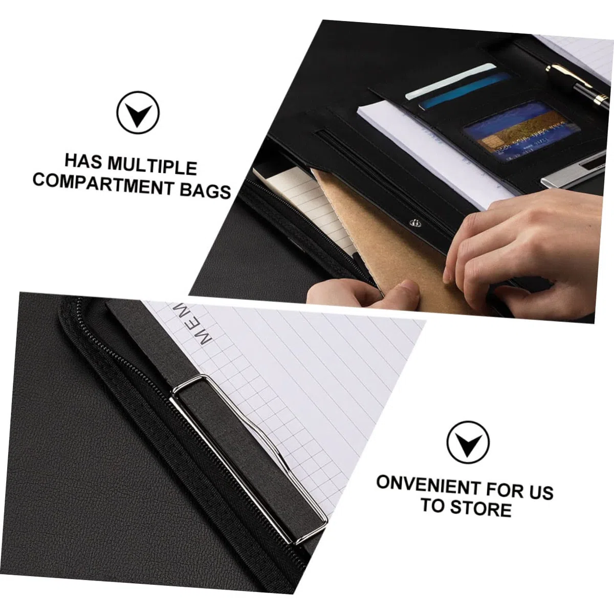 SEWACC Carpeta de Portafolios de Negocios Negra con Cremallera | A4, con Cuaderno de Notas Incluido, Varios Compartimentos, Estilo Elegante y Ligero para Llevar