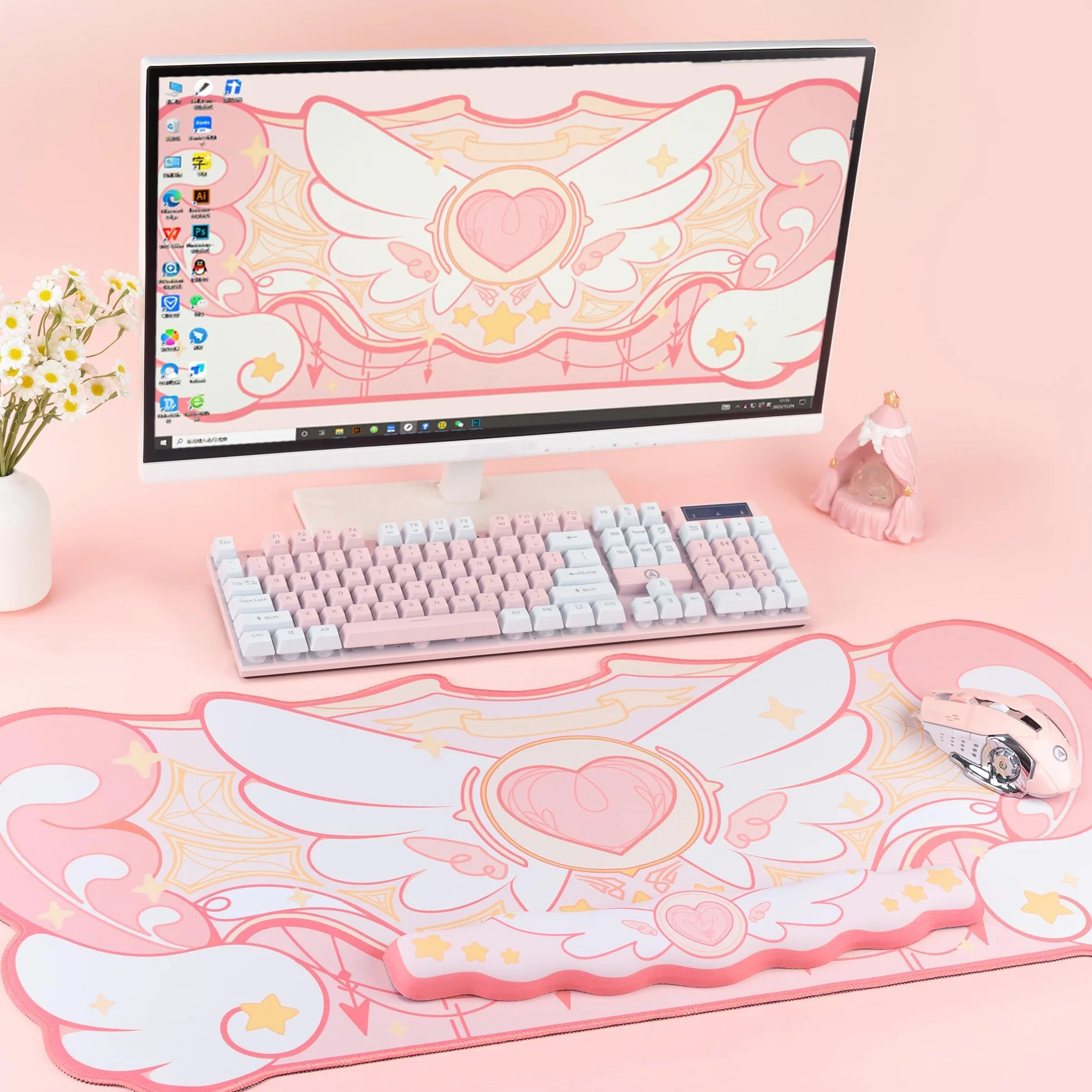 GeekShare Kawaii Alfombrilla de Ratón con Reposamuñecas Juego de Soporte - Base de Goma Antideslizante Alfombrilla de Escritorio y Reposamuñecas de Espuma con Memoria para Teclado y Ratón, Perfecto