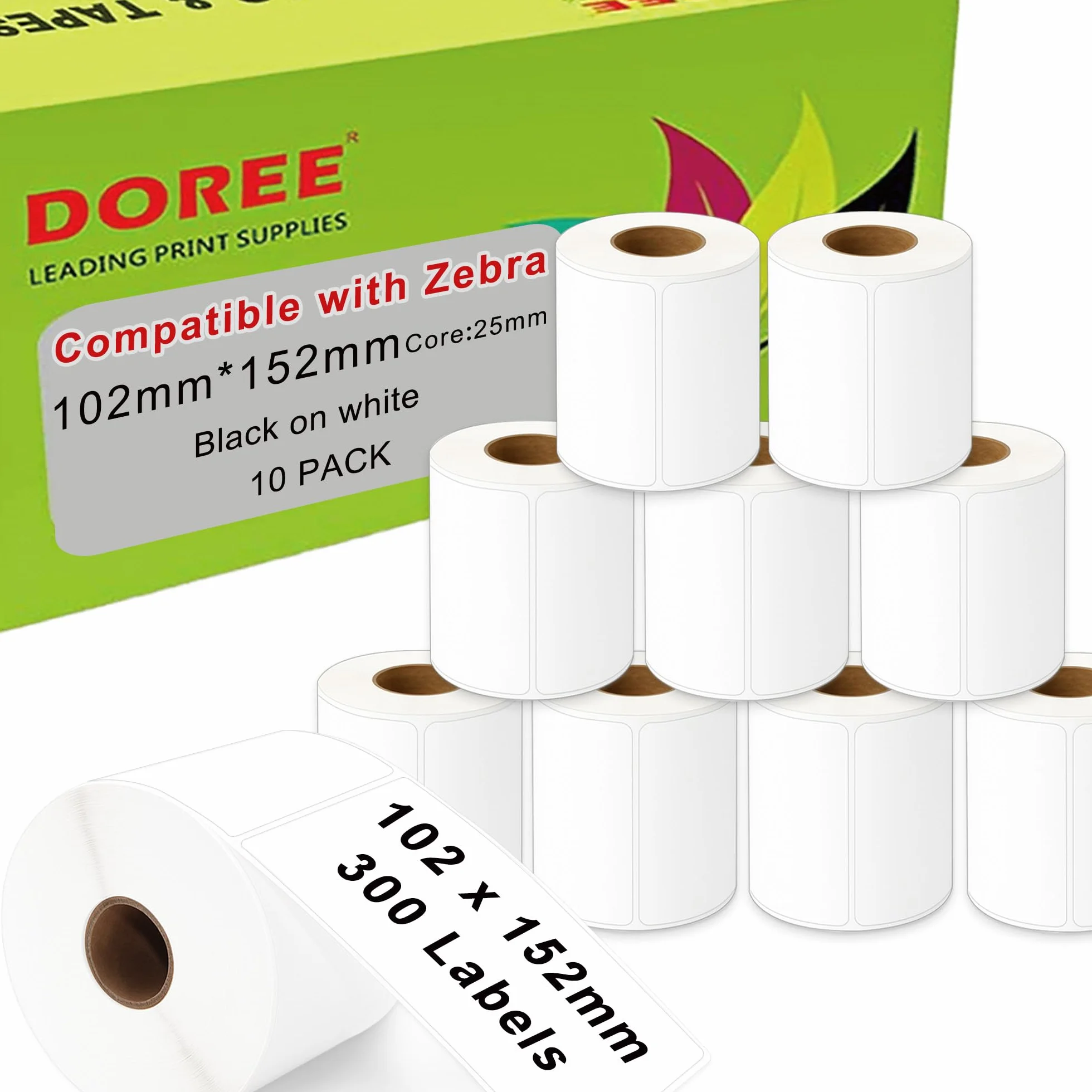 DOREE 10 rollos de etiquetas de envío blancas 100 x 150 mm, compatibles con Zebra GK420D/GX420D/GK420T/GX420T/ZD620/ZD500R/ZT230/ZT410, 300 etiquetas/rollo, núcleo de 25 mm (10 rollos LZ-102-152-25).