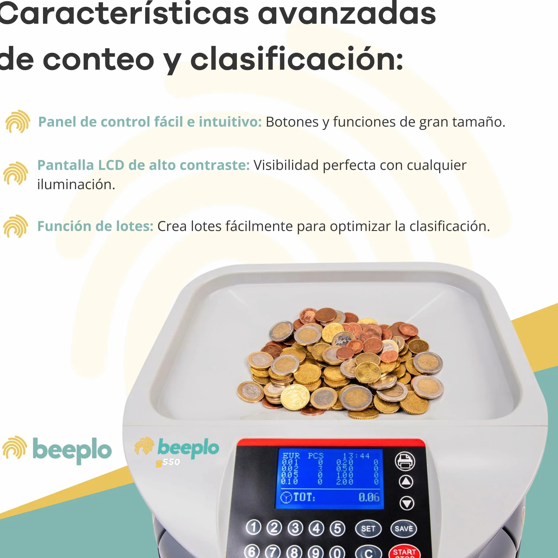 Contador y Clasificador de Monedas EUR G550 Hasta 800 Monedas Alta Velocidad 4 Años Garantía