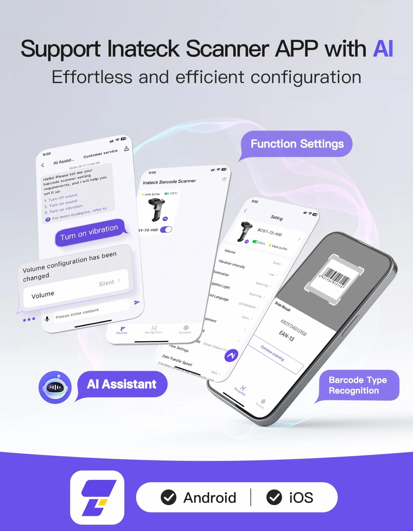 Inateck Escáner de Código de Barras 2D Bluetooth, Lector de Código de Barras Inalámbrico USB 1D 2D Portátil, 1 Carga 3 Meses, Lector Código Barras con AI, App y SDK, Escaneo Rápido y Preciso, BCST-72
