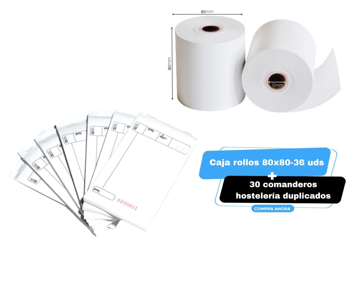 Pack Comandero Hostelería 10x15 cm 30 Talonarios 2 Hojas 36 Rollos 80x80x12 | Incluye blocs numerados con original y copia autocopiante papel para impresoras TPV cajas registradoras bares restaurantes