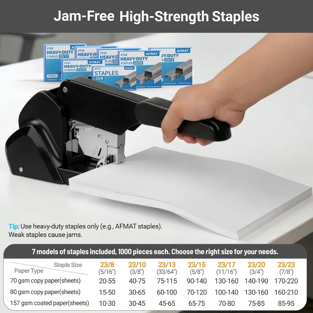 AFMAT Grapadora resistente, capacidad de 210 hojas, 60% menos esfuerzo, sin atascos, incluye 7.000 grapas, grapadora de escritorio de oficina de metal con profundidad de garganta ajustable para