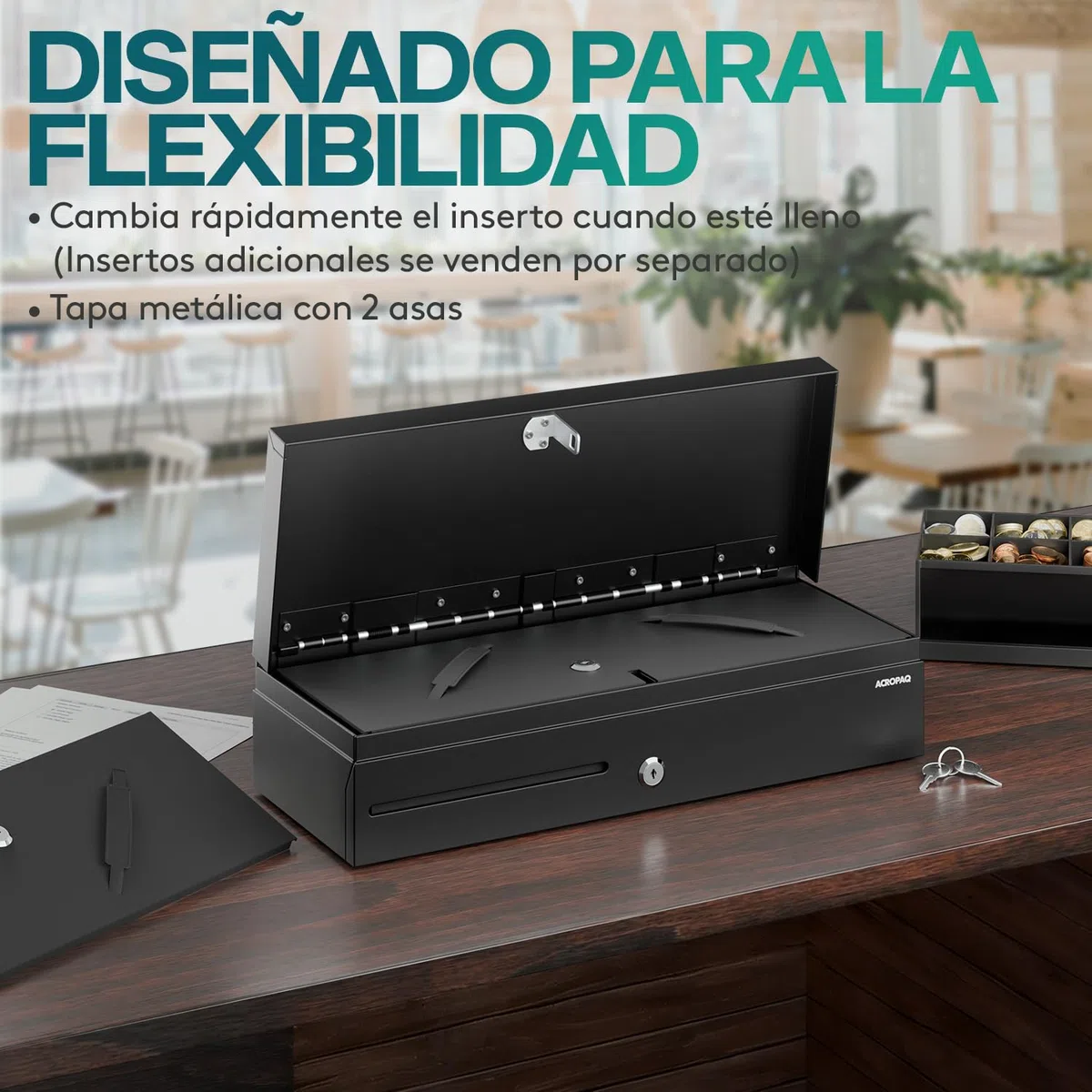ACROPAQ Cajón portamonedas Fliptop - Compatible con caja registradora RJ11, 6 compartimentos monedas y 8 billetes, (46 x 18 x 10 cm) Carcasa de metal resistente, Inserto extraíble