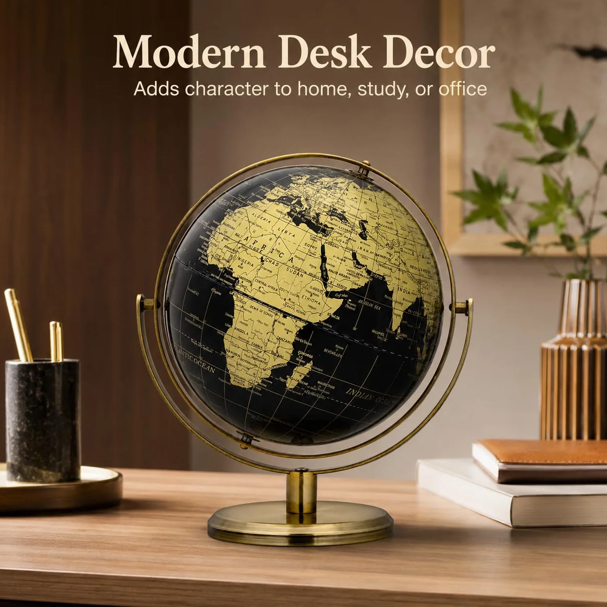 EXERZ Globo de 20 cm, color negro y dorado, rotación de 360 grados en todas las direcciones, World Globe Educational Geographic, arco y base de bronce, mapa inglés.
