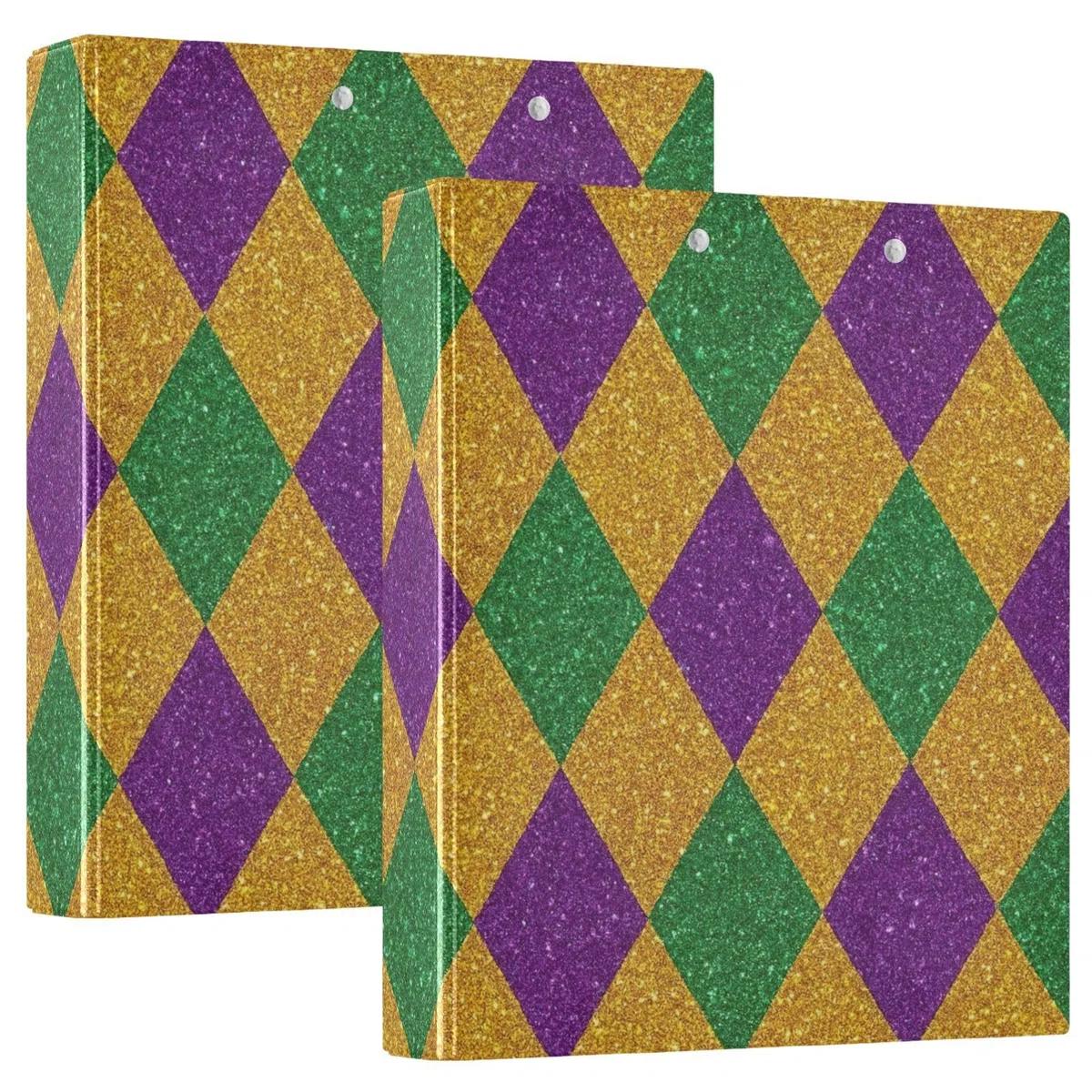 Carpeta de tres anillos a cuadros morados y verdes y dorados de 1.5 pulgadas, carpeta de anillos en D, paquete de 2 | Con portapapeles y bolsillos, para escuela, universidad, oficina