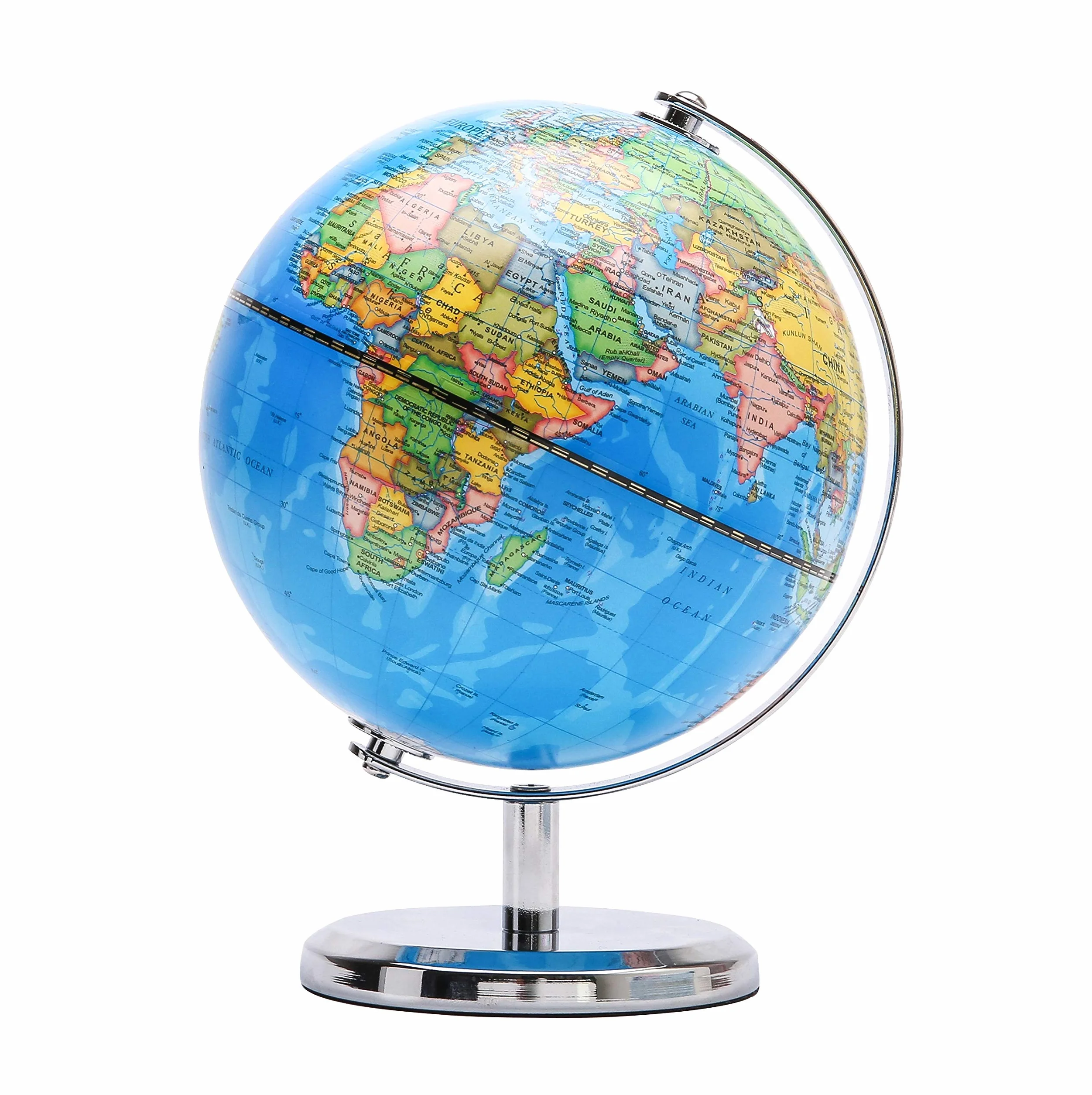 Exerz Globo Terráqueo 20cm - Mapa Político en Inglés - Decoración Educativa y Moderna para Escritorio - Base de Metal (Azul)