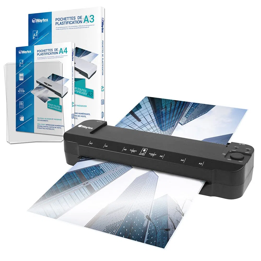 Waytex Plastificadora A3 A4 A5 A6 A7 Pro Ultra rápida en caliente y en frío hasta 2 x 150 micras. Temperatura ajustable para uso profesional intensivo Pack con 100 fundas A4 100 fundas A3