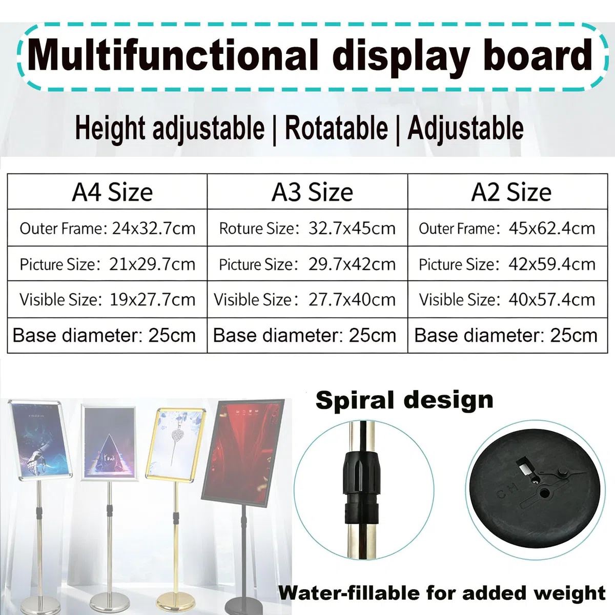 Soporte para carteles A4 exhibición publicitaria de pie oficina comercial ajustable con base estable A3 Silver Rounded-corner style