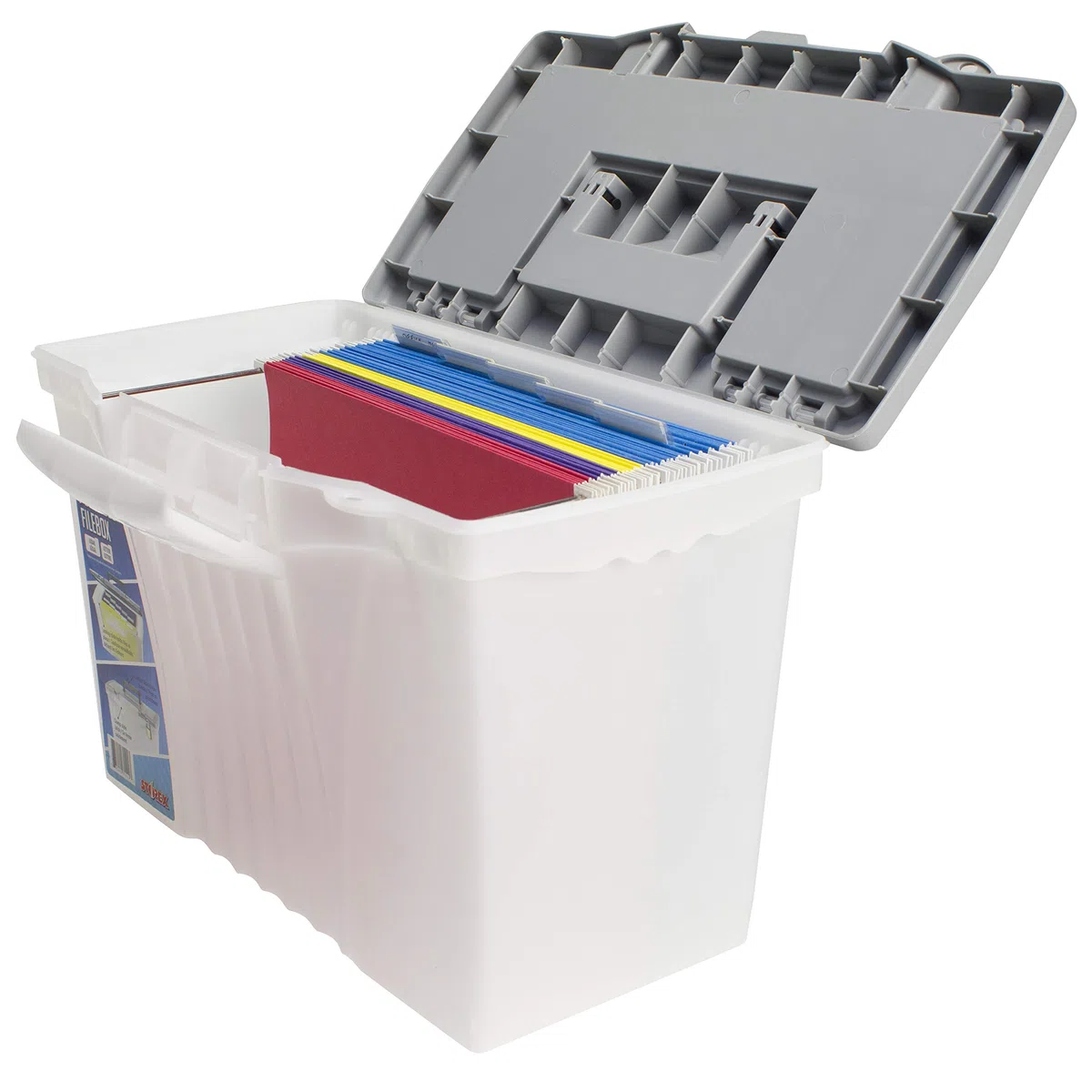 Storex Caja de archivos portátil con tapa organizadora, 17.13 x 9.63 x 11 pulgadas, esmerilado/plateado (61511A01C)