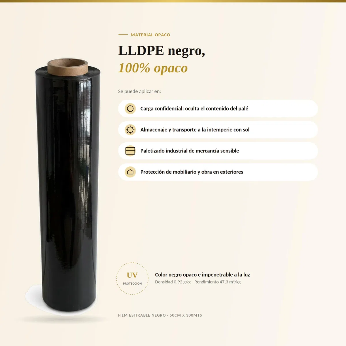 Film Estirable Negro Manual – Pack 6 Rollos 50cm x 300m x 23 Micras | 1800mts Totales | Embalaje Industrial, Mudanzas, Estudios de Tatuaje y Paletizado Profesional