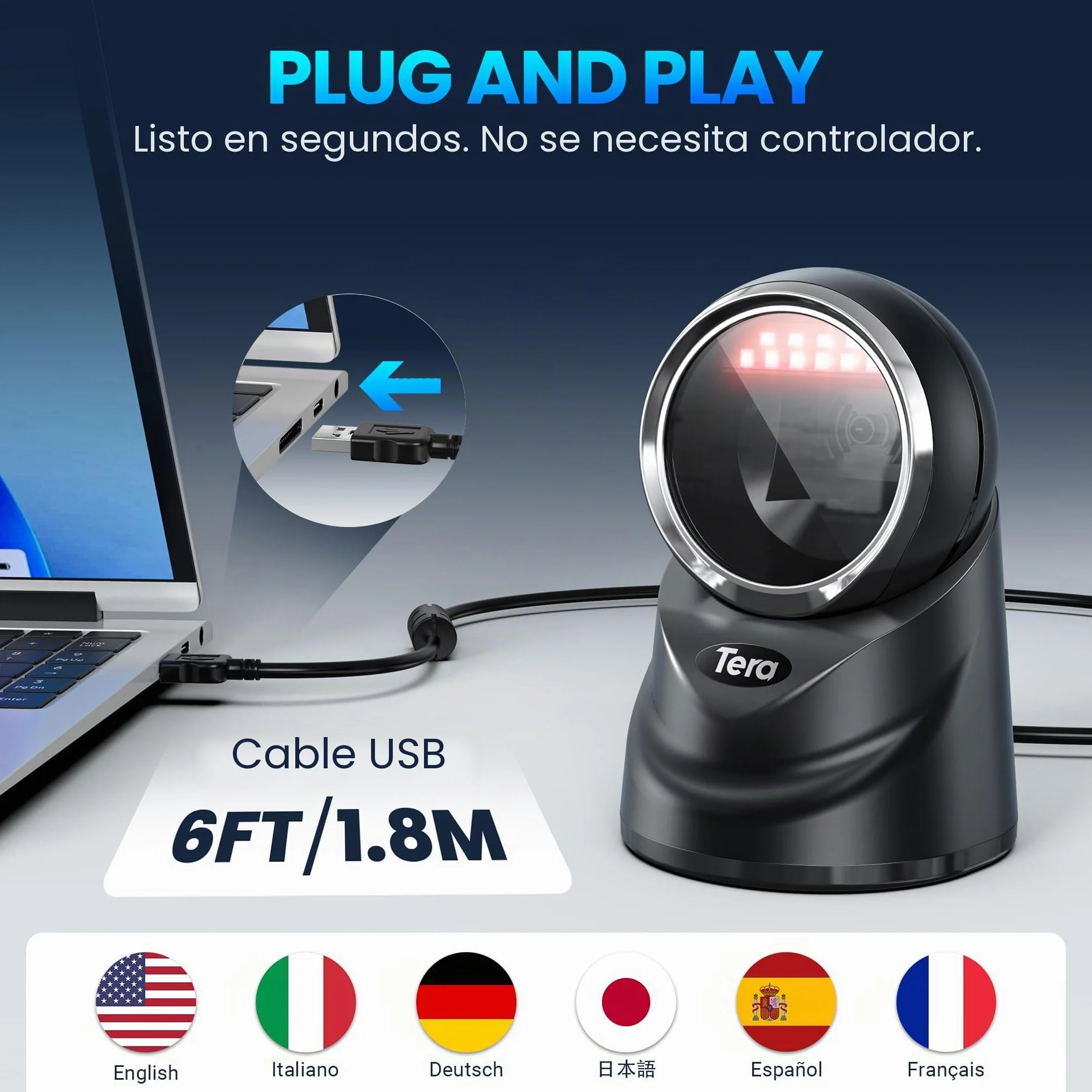Tera 1D 2D QR Lector de Código de Barras Omnidireccional Escáner de Código de Barras con Cable USB Manos Libres Escaneo Automático de Detección de Imagen para Tienda de Supermercado Modelo 9100