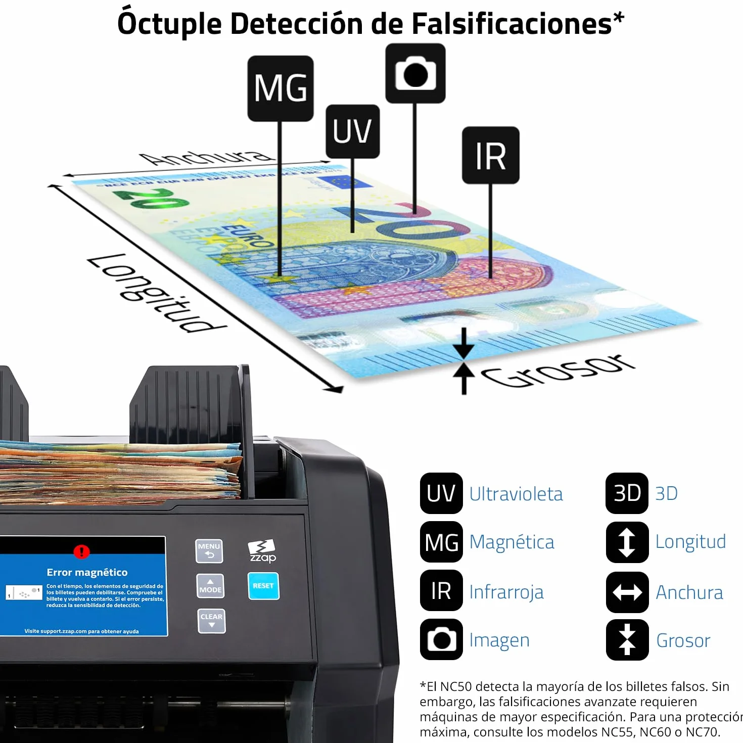 ZZap NC50 Contadora de Billetes y Detector de Falsificaciones - Contadora de Valor para Denominaciones Mixtas - Máquina de Efectivo