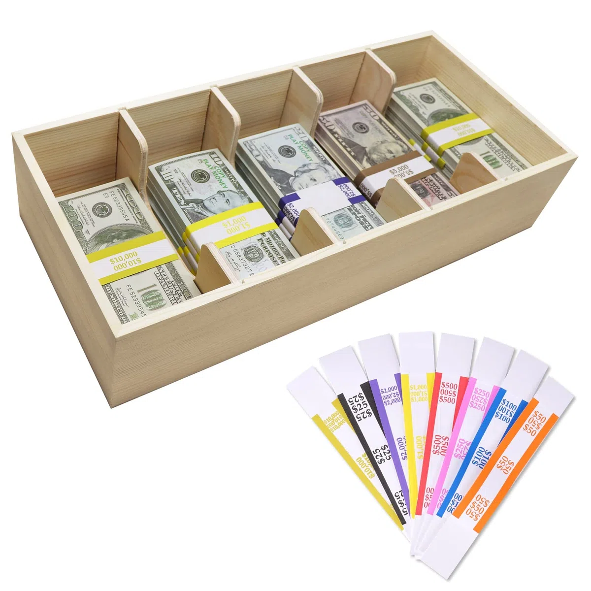 Bandeja de madera para dinero en efectivo con 300 envoltorios de monedas, 5 compartimentos de madera para dinero en efectivo, caja de cambio para dinero en efectivo, cajas de dinero en efectivo