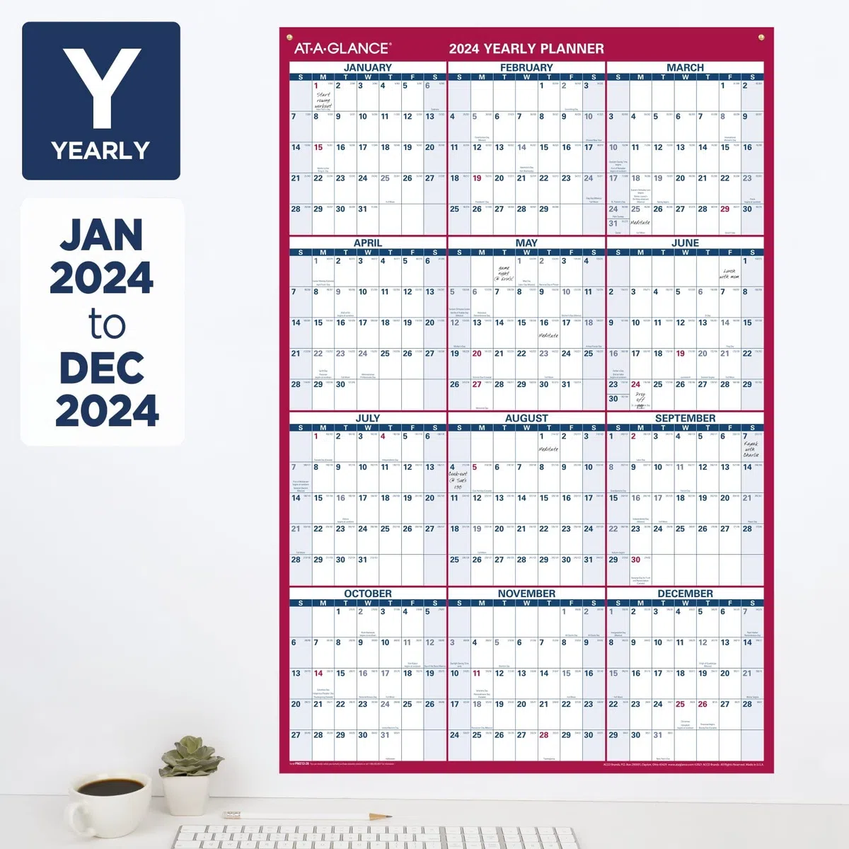 AT-A-GLANCE Calendario de pared de papel 2024, 24 x 36 pulgadas, extragrande, anual, reversible, vertical/horizontal (PM2122824)
