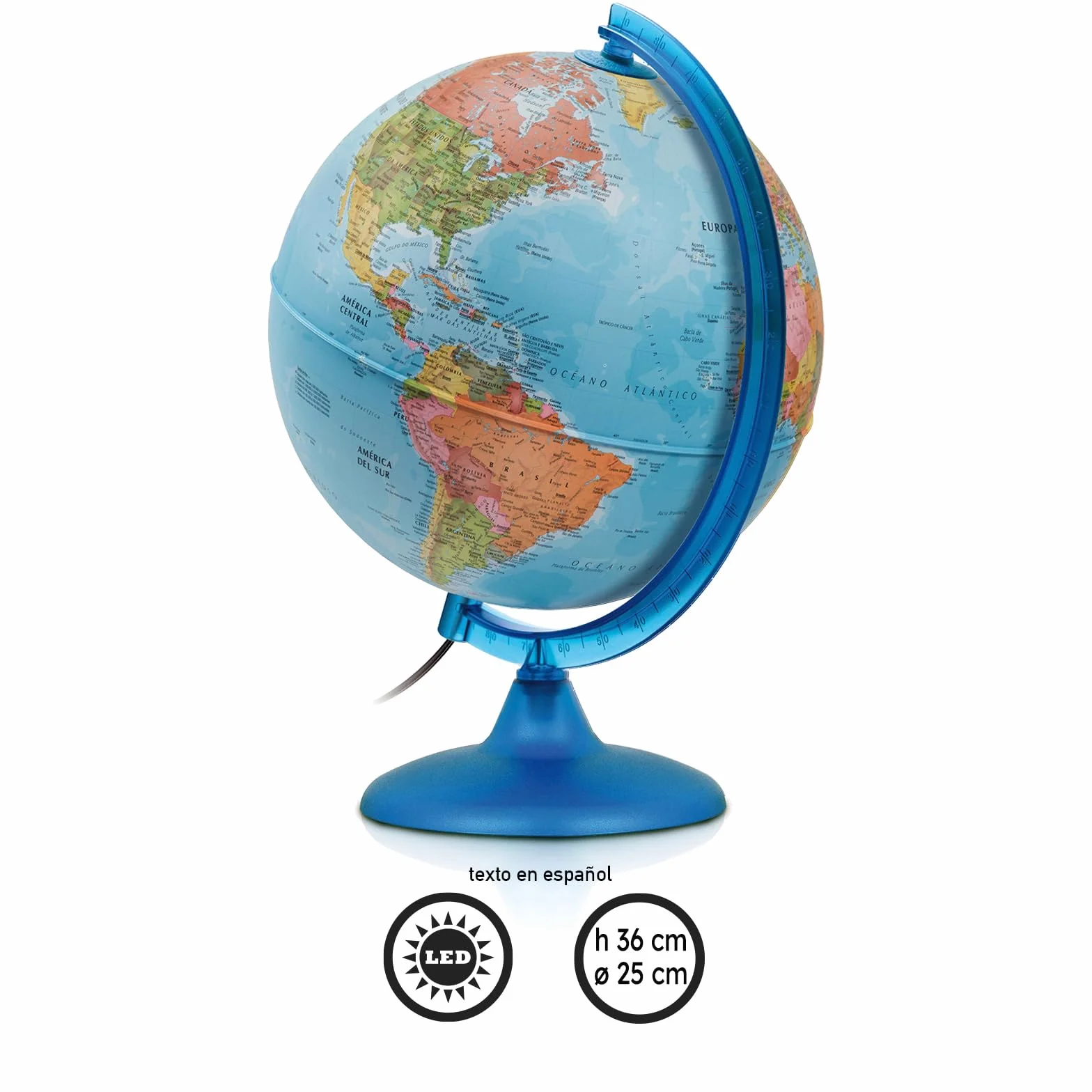 Tecnodidattica Night&Day Globo Terráqueo 25cm Doble Función Política y Constelaciones Luminoso Giratorio Meridiano Graduado