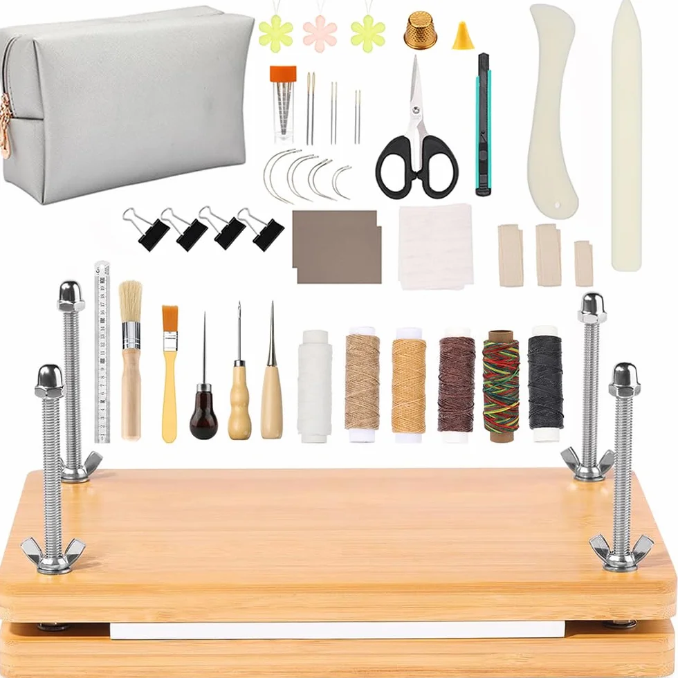Kit de Encuadernación de Libros con Prensa de Madera,48 Piezas Incluyen Herramientas Básicas (Prensador,Dobladora,Cubiertas,Lezna)Equipo Portátil para Encuadernación Manual y Proyectos DIY( 37.5*29cm)