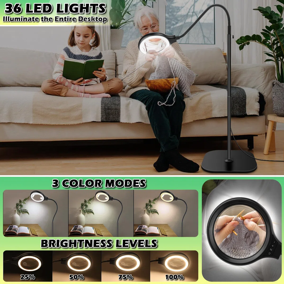 NZQXJXZ 3 en 1 Lupa con Luz y Soporte, 30X 10X Lámpara de Aumento de Pie | con Cuello de Cisne Flexible con 36 LED, 3 Modos de Color, Lupa de Escritorio con Abrazadera para Leer, Coser y Pasatiempos